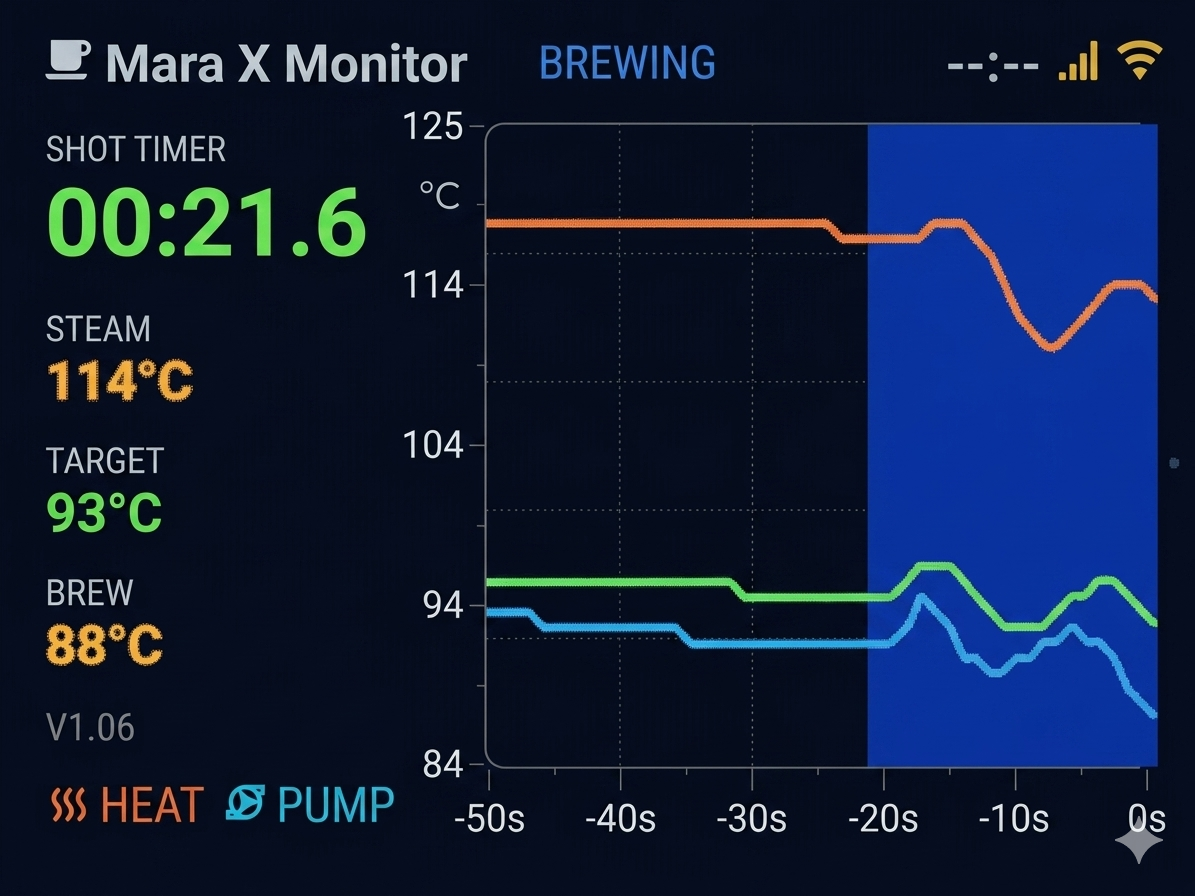 Mara X Display in BREWING state — shot timer at 00:21.6, steam/target/brew temperatures on the left, dual-line chart with blue brew-window shading on the right.